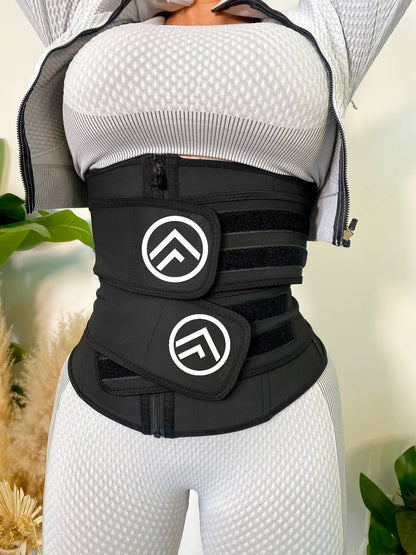 FitnFem Sweat Waist Trainer, Neoprene Workout Corset Cincher Trimmer Shaper Belt - No Roll-Up Solid Double Strap Zipper Waist Trainer Belt Women's Fajas Summer, Custom Neoprene Nylon Shapes Sleek Comfortable Sexy Compression Underwear Workout Lady