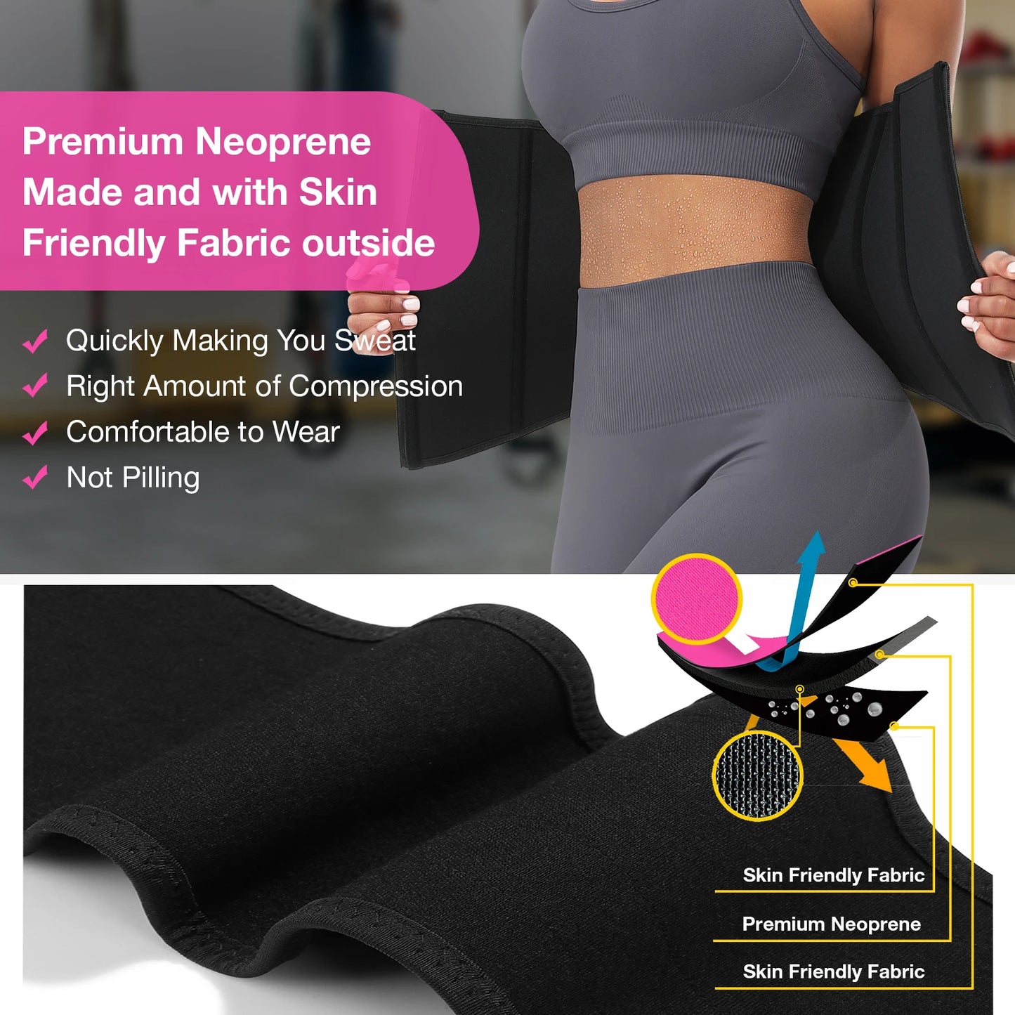 FitnFem Sweat Waist Trainer, Neoprene Workout Corset Cincher Trimmer Shaper Belt - No Roll-Up Solid Double Strap Zipper Waist Trainer Belt Women's Fajas Summer, Custom Neoprene Nylon Shapes Sleek Comfortable Sexy Compression Underwear Workout Lady